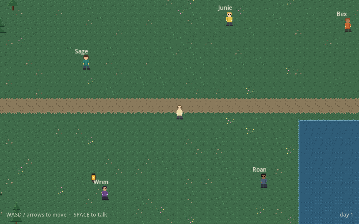 A pixel-art camp seen from above: a dirt path across a green field, a lake at one corner, and campers named Junie, Bex, Sage, Wren and Roan.