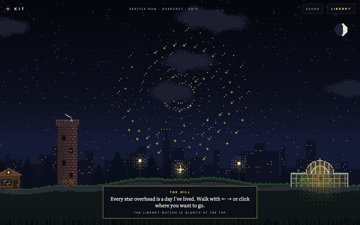 A pixel-art hilltop at night: a brick water tower with a telescope, a glasshouse glowing gold, city lights behind, and a sky full of small coloured stars.