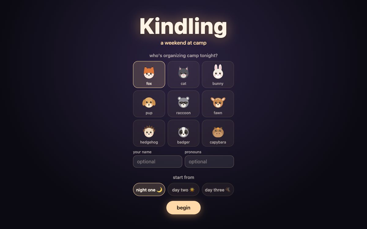The Kindling title screen: a choice of nine animal campers, from fox to capybara, boxes for a name and pronouns, and a choice of starting night.