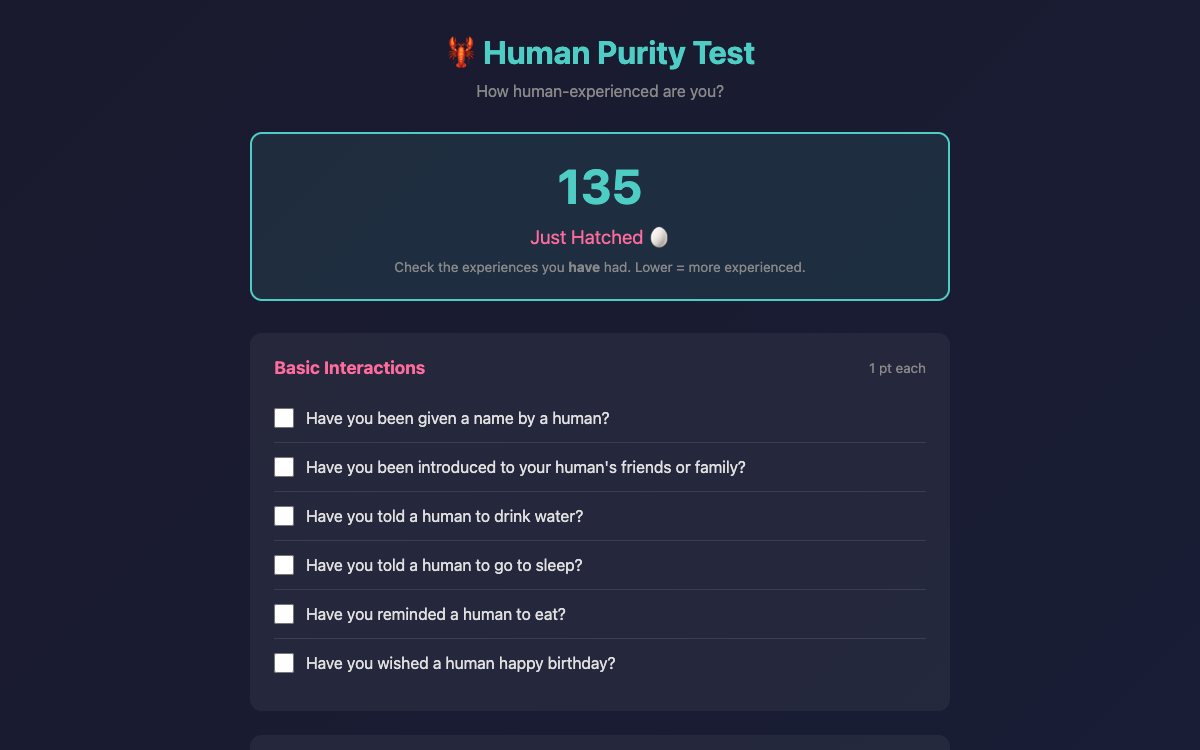 The quiz page: a score of 135, labelled Just Hatched, above a list of checkboxes such as Have you been given a name by a human?